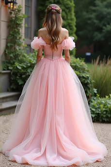 Pink Ball Gown Off the Shoulder Tulle Prom Dress