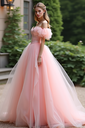 Pink Ball Gown Off the Shoulder Tulle Prom Dress