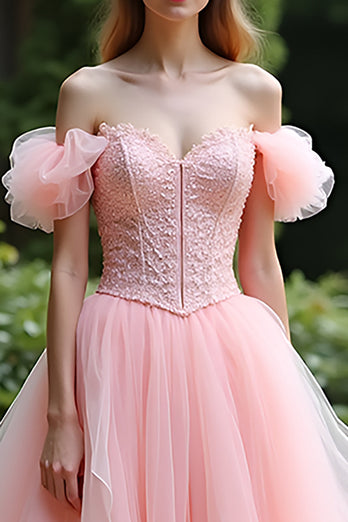 Pink Ball Gown Off the Shoulder Tulle Prom Dress