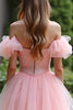 Load image into Gallery viewer, Pink Ball Gown Off the Shoulder Tulle Prom Dress