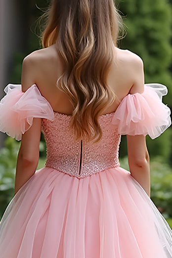 Pink Ball Gown Off the Shoulder Tulle Prom Dress