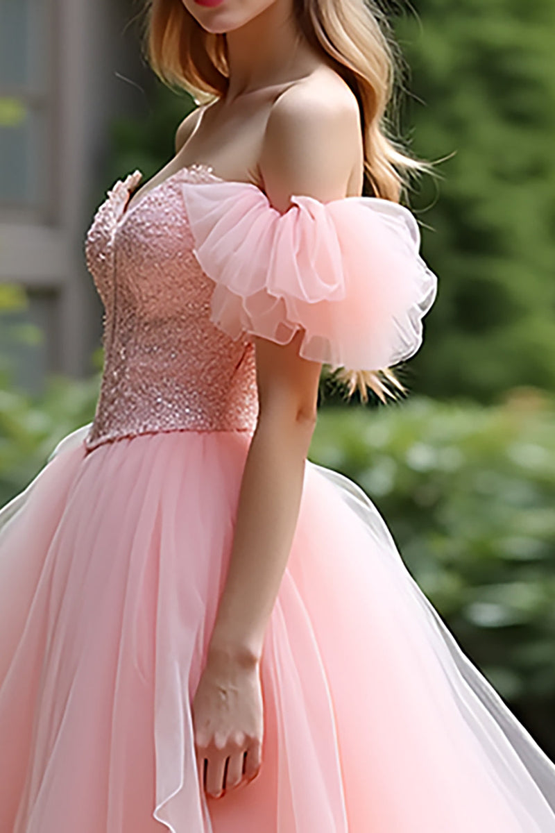 Load image into Gallery viewer, Pink Ball Gown Off the Shoulder Tulle Prom Dress