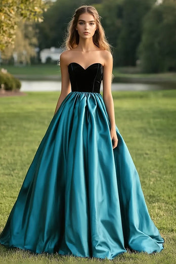 Black Peacock Blue Ball Gown Strapless Long Satin Prom Dress