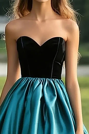 Black Peacock Blue Ball Gown Strapless Long Satin Prom Dress