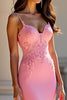 Load image into Gallery viewer, Pink Satin Long Mermaid Prom Dress with Lace Appliques