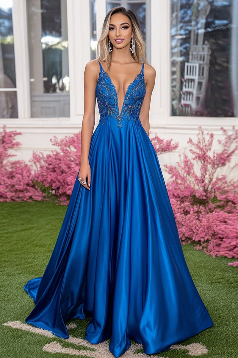 Load image into Gallery viewer, Royal Blue Ball Gown V-Neck Long Prom Dress with Lace