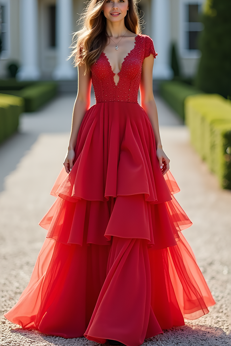 Load image into Gallery viewer, Red A Line V-Neck Long Tiered Prom Dress with Lace