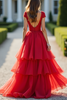 Load image into Gallery viewer, Red A Line V-Neck Long Tiered Prom Dress with Lace