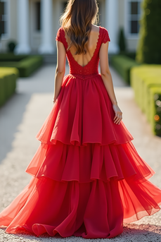 Red A Line V-Neck Long Tiered Prom Dress with Lace