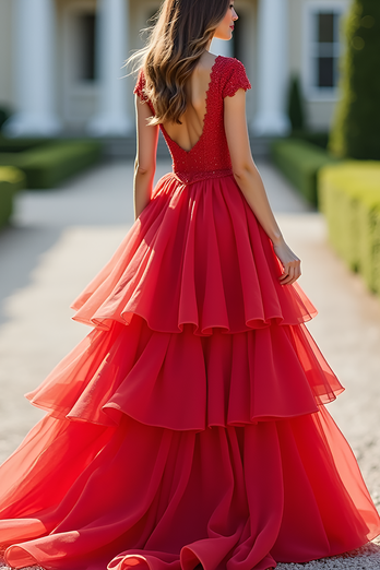 Red A Line V-Neck Long Tiered Prom Dress with Lace