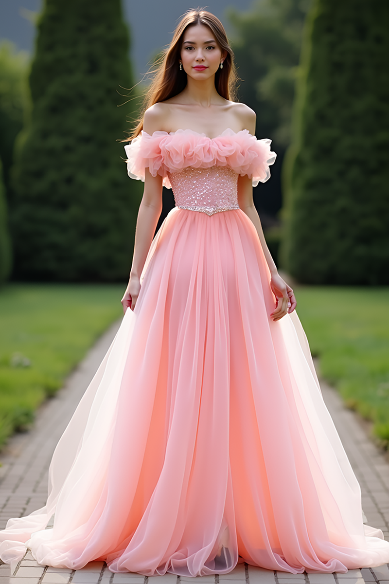 Load image into Gallery viewer, Pink Off the Shoulder A Line Long Prom Dress with Ruffles