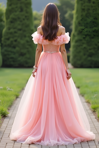 Pink Off the Shoulder A Line Long Prom Dress with Ruffles