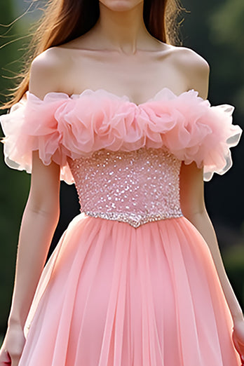 Pink Off the Shoulder A Line Long Prom Dress with Ruffles