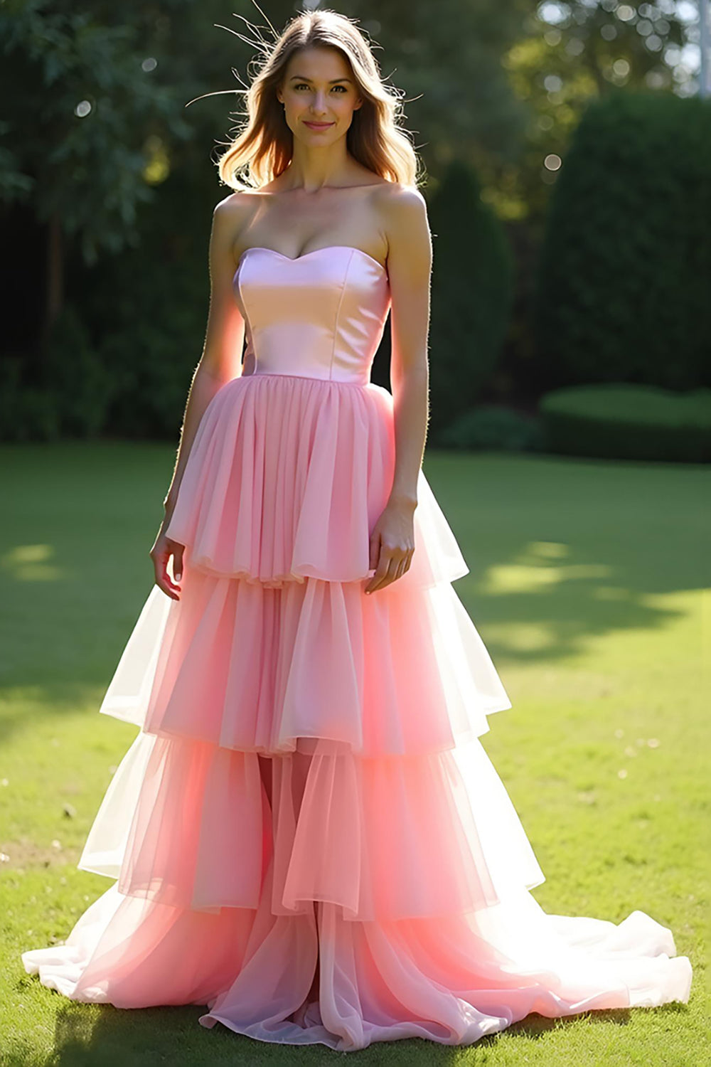 A Line Pink Strapless Tiered Long Tulle Prom Dress