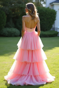 A Line Pink Strapless Tiered Long Tulle Prom Dress