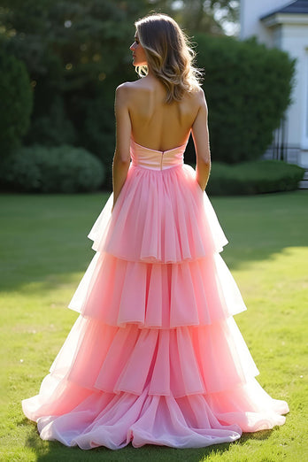 A Line Pink Strapless Tiered Long Tulle Prom Dress