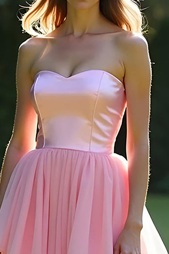 A Line Pink Strapless Tiered Long Tulle Prom Dress