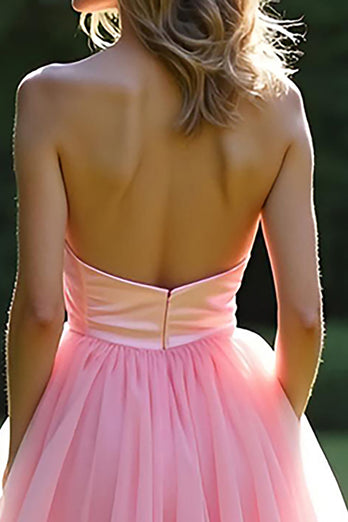 A Line Pink Strapless Tiered Long Tulle Prom Dress