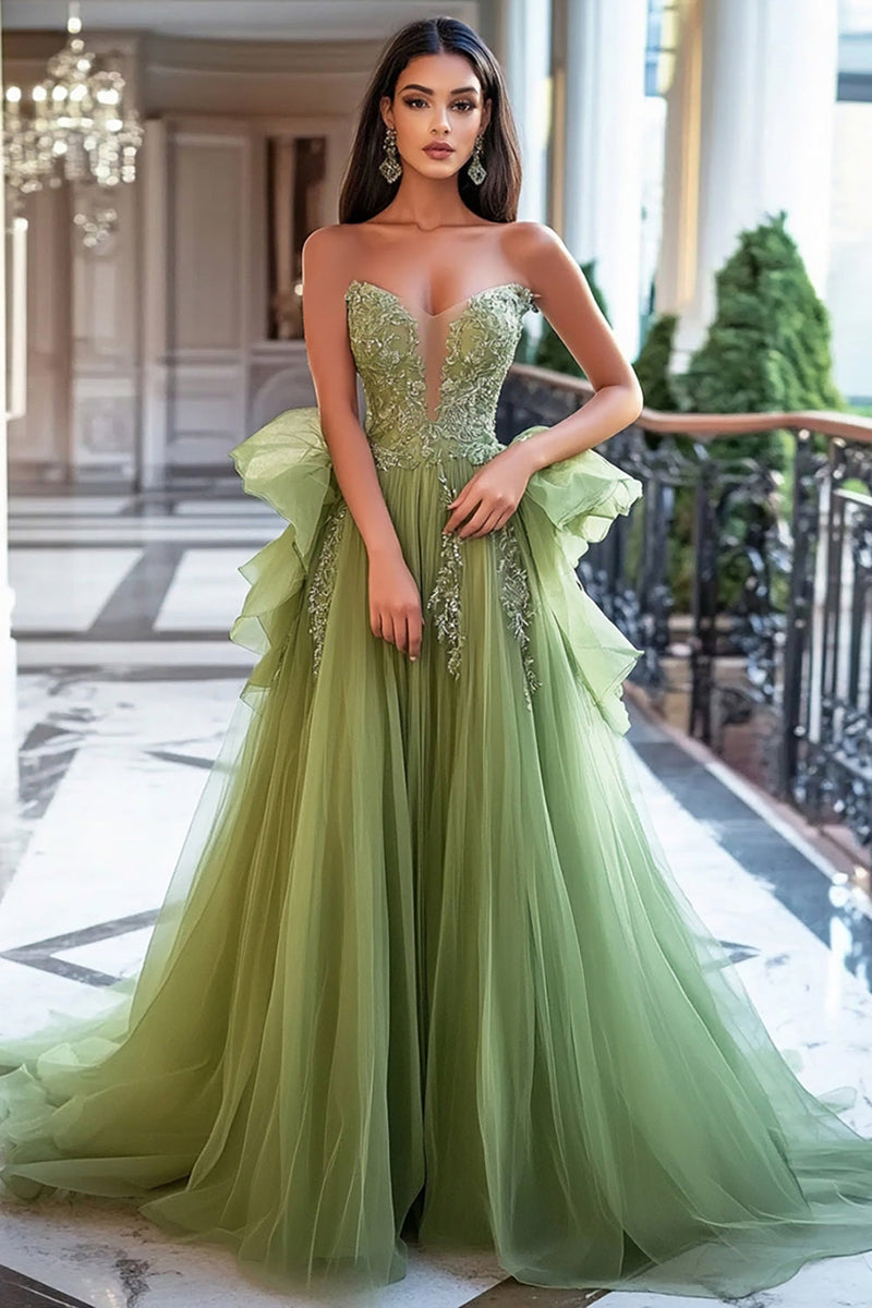 Load image into Gallery viewer, Dusty Sage A Line Long Tulle Prom Dress with Ruffles