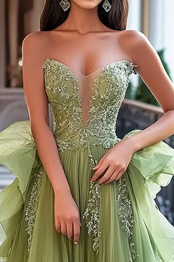 Dusty Sage A Line Long Tulle Prom Dress with Ruffles