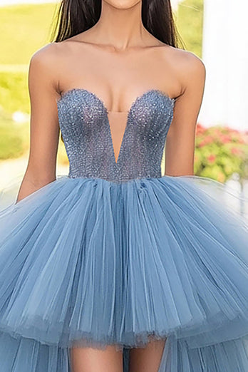 Grey Blue Tulle High-Low Long Tulle Prom Dress