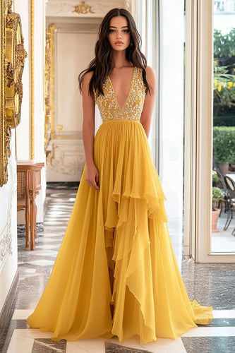 Yellow V-Neck A Line Long Chiffon Prom Dress