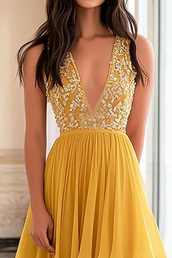 Yellow V-Neck A Line Long Chiffon Prom Dress