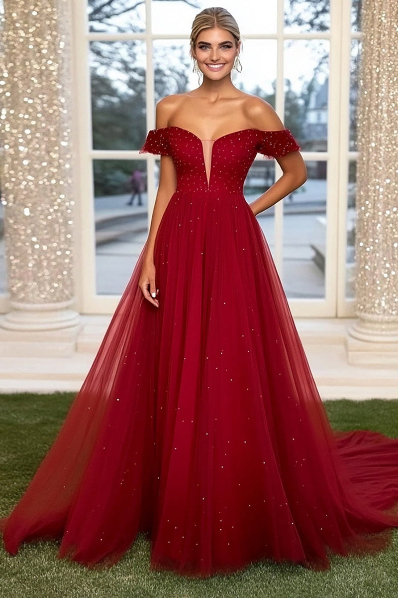 Load image into Gallery viewer, Sparkly Burgundy Ball Gown Off the Shoulder Long Prom Dress