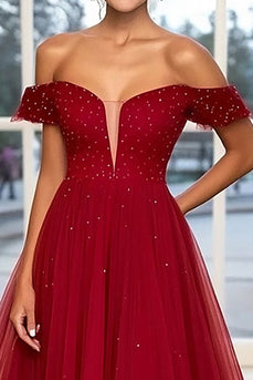 Sparkly Burgundy Ball Gown Off the Shoulder Long Prom Dress