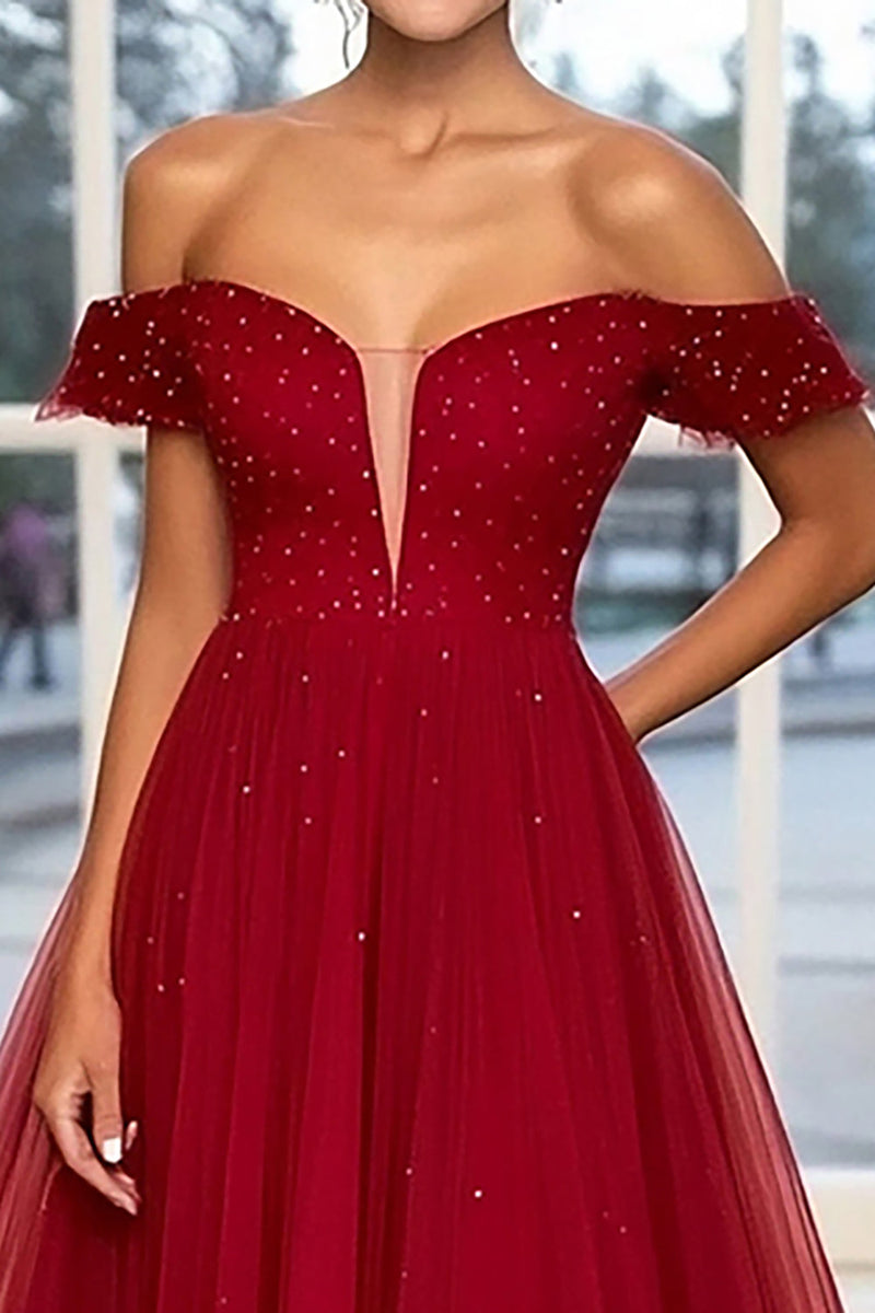 Load image into Gallery viewer, Sparkly Burgundy Ball Gown Off the Shoulder Long Prom Dress