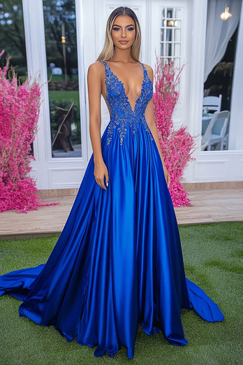 Royal Blue Ball Gown V-Neck Long Prom Dress with ace Appliques