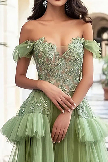 Dusty Sage Tulle Long Corset Prom Dress with Lace Appliques