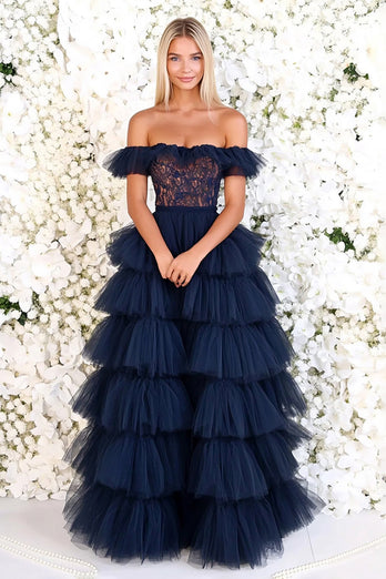 Navy Off the Shoulder Tiered Long Tulle Prom Dress with Lace