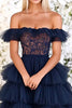 Load image into Gallery viewer, Navy Off the Shoulder Tiered Long Tulle Prom Dress with Lace