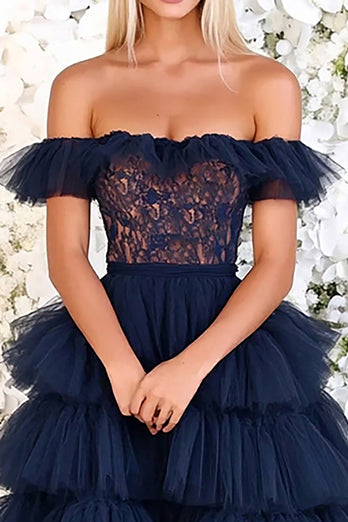 Navy Off the Shoulder Tiered Long Tulle Prom Dress with Lace