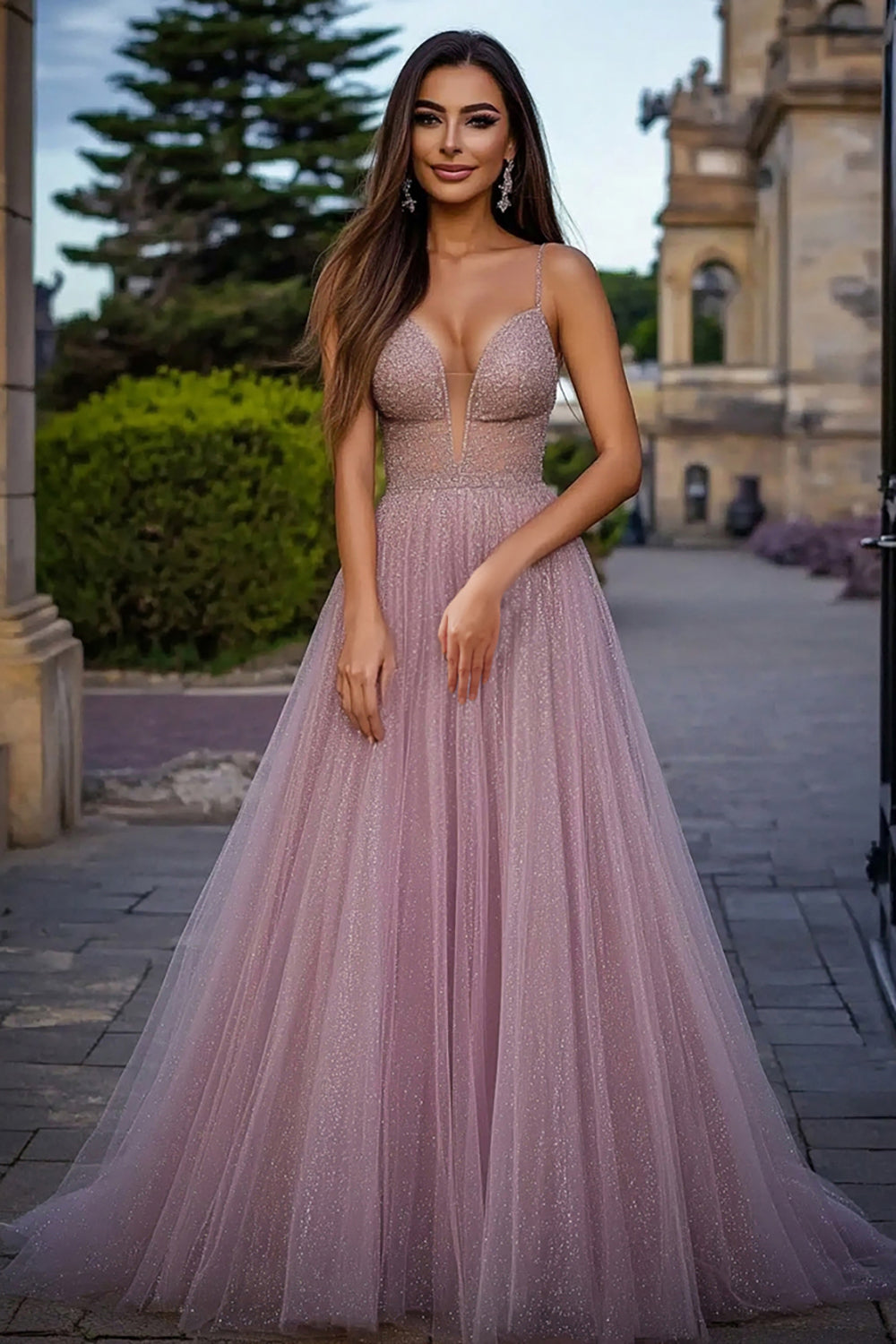 Sparkly Dusty Rose Ball Gown Long Prom Dress