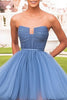 Load image into Gallery viewer, Grey Blue Tiered Strapless High-Low Long Tulle Prom Dress