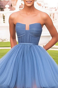 Grey Blue Tiered Strapless High-Low Long Tulle Prom Dress