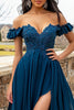 Load image into Gallery viewer, Navy Off the Shoulder Ruffles Long Satin Prom Dress with Slit