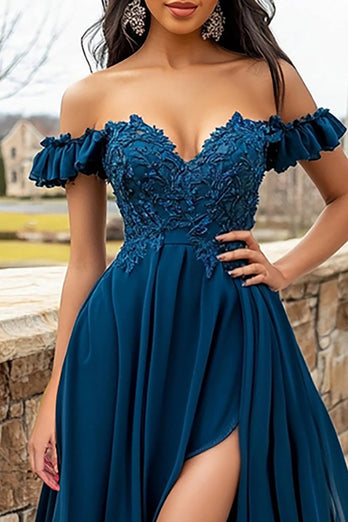 Navy Off the Shoulder Ruffles Long Satin Prom Dress with Slit