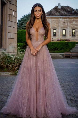 Sparkly Dusty Rose Corset Tulle Long Prom Dress