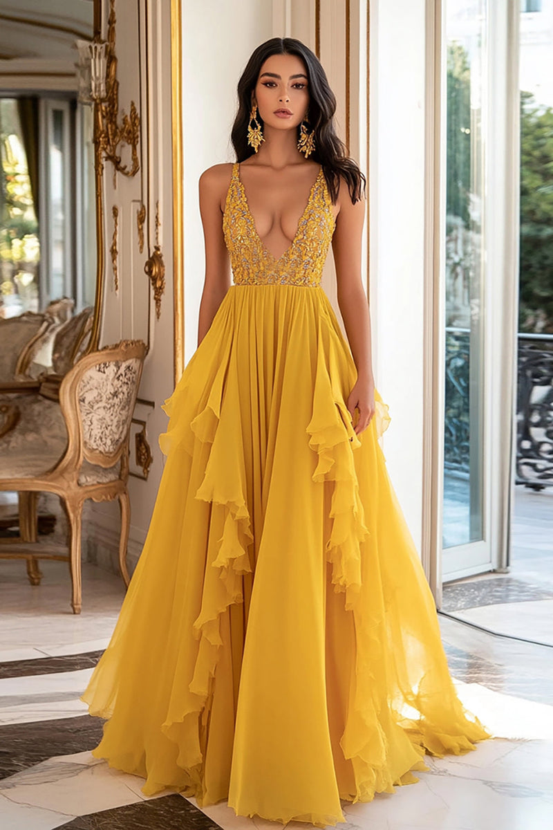 Load image into Gallery viewer, Yellow A Line V-Neck Long Chiffon Prom Dress with Ruffles