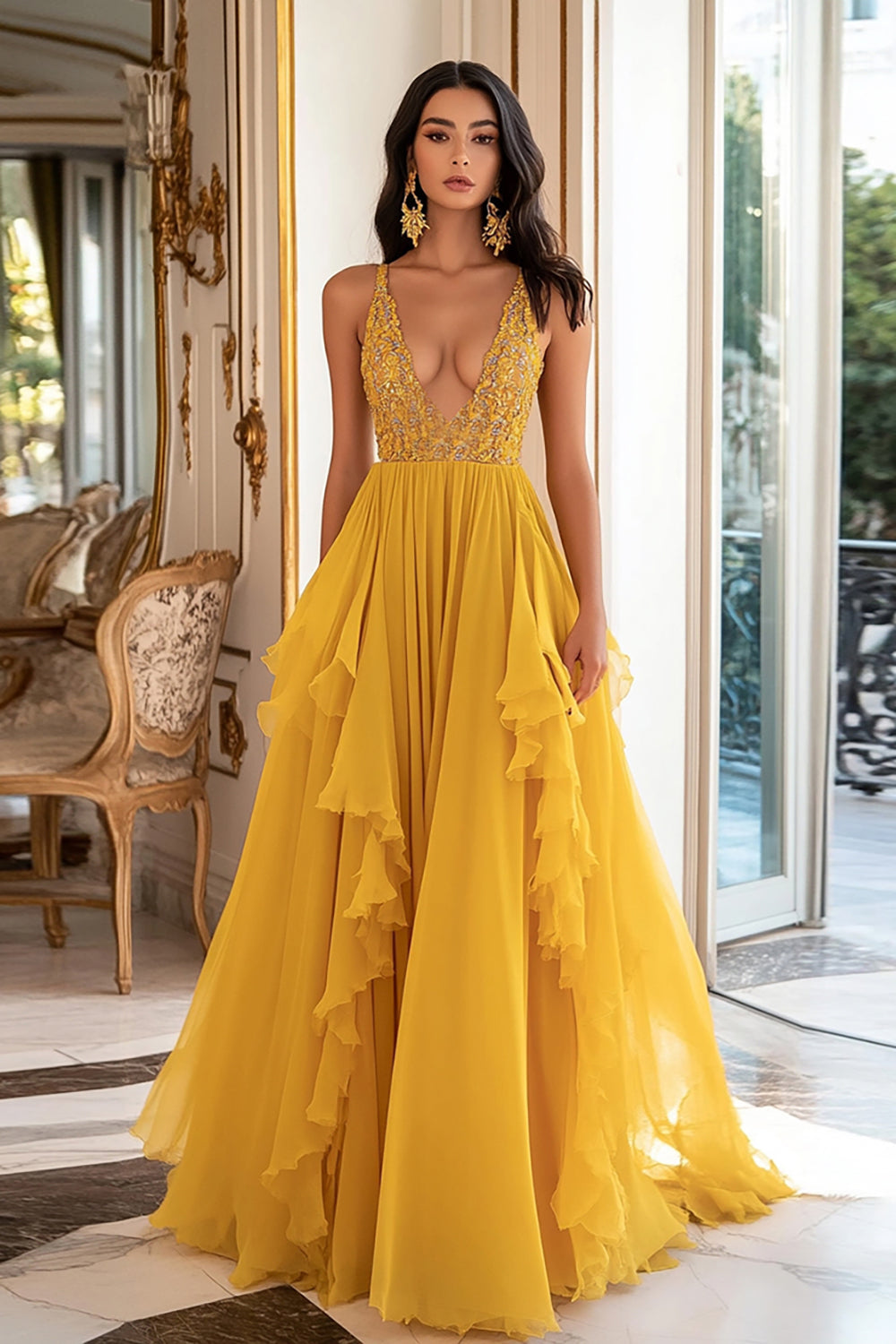 Yellow A Line V-Neck Long Chiffon Prom Dress with Ruffles