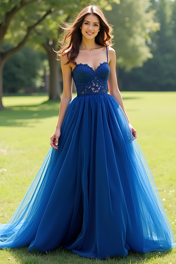 Navy Ball Gown Tulle Long Prom Dress with Appliques