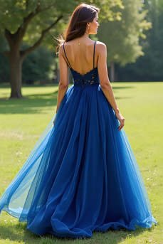 Navy Ball Gown Tulle Long Prom Dress with Appliques