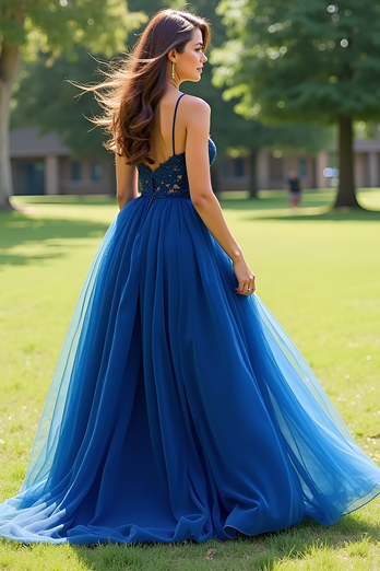 Navy Ball Gown Tulle Long Prom Dress with Appliques