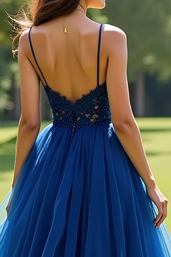 Navy Ball Gown Tulle Long Prom Dress with Appliques