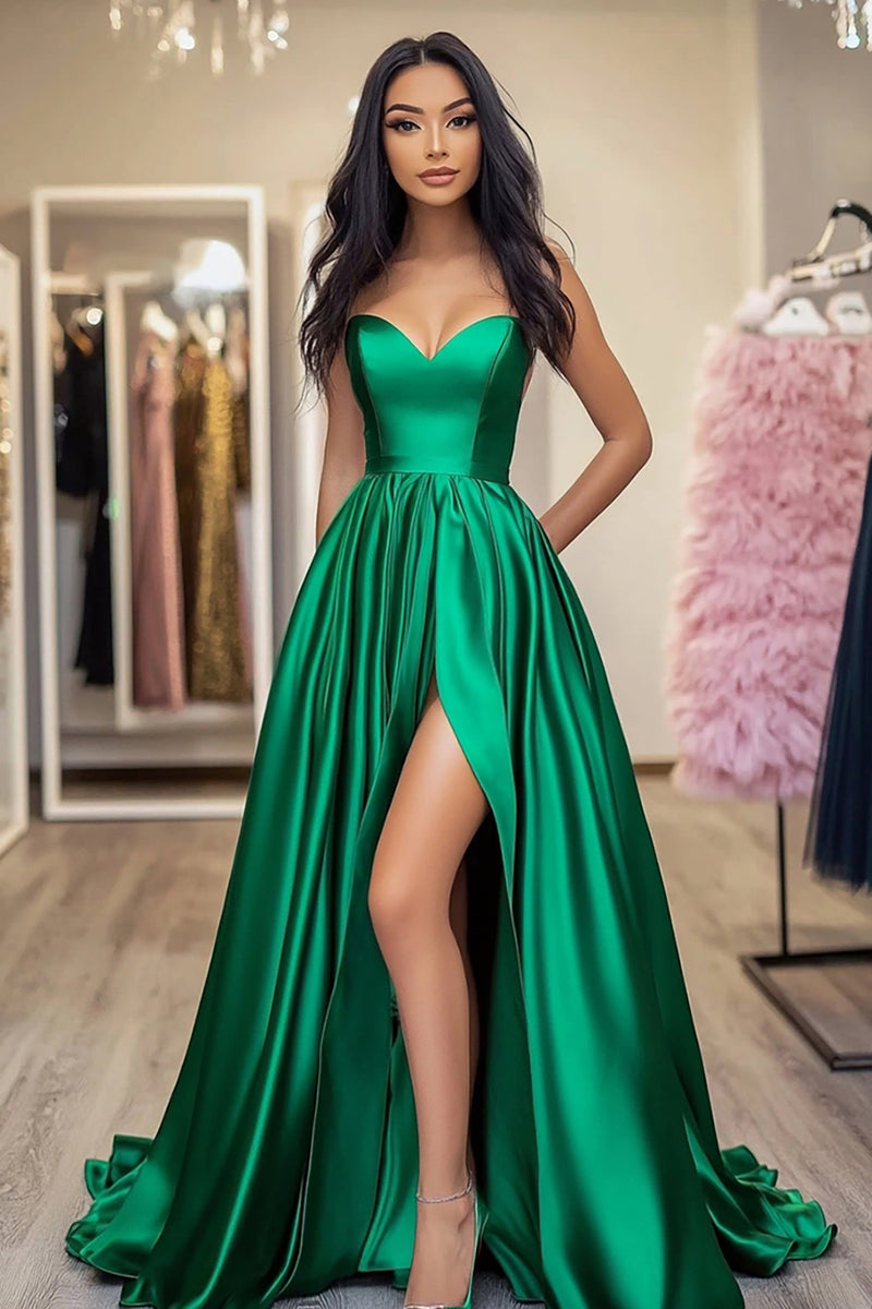 Load image into Gallery viewer, Green A Line Sweetheart Long Satin Prom Dress with Slit