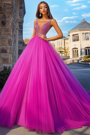 Sparkly Fuchsia Ball Gown Tulle Long Prom Dress with Beading