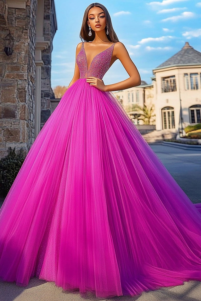 Load image into Gallery viewer, Sparkly Fuchsia Ball Gown Tulle Long Prom Dress with Beading